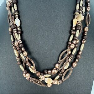 Coldwater Creek Layered Beaded Necklace Brown and Mother of Pearl Adjustable